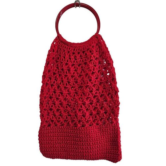 Vintage Handbags - Vintage Woven Knit Purse Red Long Retro Crochet Bag Circle Handle Boho 13"x24"